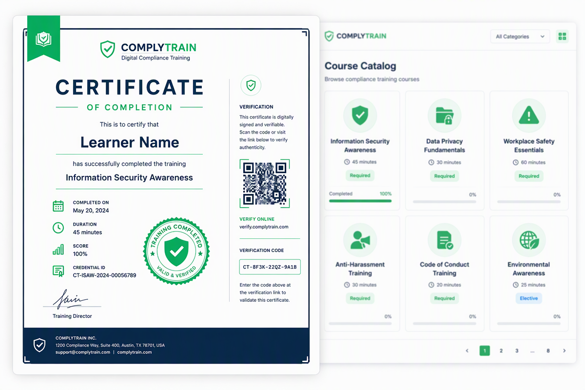 Certificado em PDF com código CT-8F3K-22QZ-9A1B, hash de verificação e selo de validade, com catálogo de cursos ao fundo
